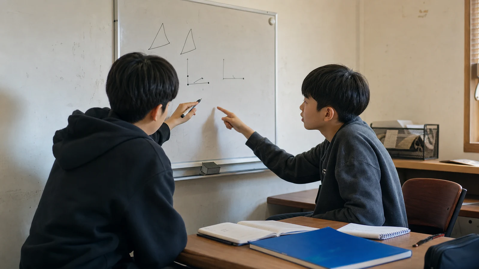 방과 후 교실에서 화이트보드의 도형을 가리키며 서로 설명하는 두 학생